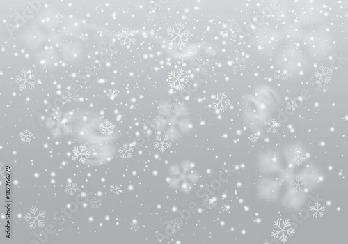 Vector heavy snowfall, snowflakes in different shapes and forms. Many white cold flake elements, swirls on transparent background. White snowflakes flying in the air.