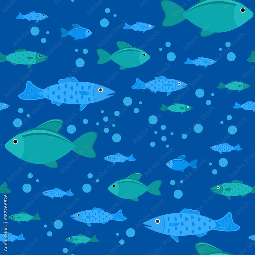 Naklejka premium Vector illustration of underwater fish. Seamless pattern in flat style.