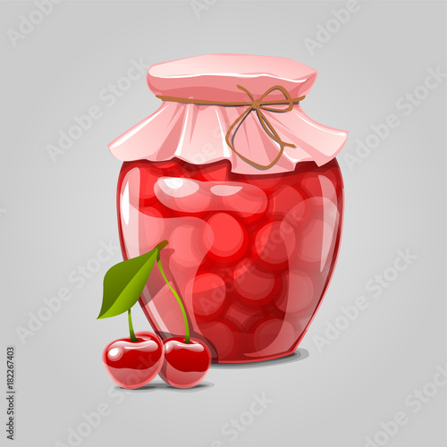 glass jar with cherries jam