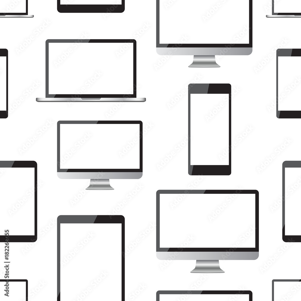 Realistic smartphone, tablet, laptop and desktop computer monitor device seamless pattern background. Business flat vector illustration. Device sign symbol pattern. Realistic smartphone, tablet, laptop and desktop computer monitor device seamless pattern background. Business flat vector illustration. Device sign symbol pattern.