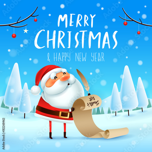 Merry Christmas! Santa Claus is holding a long checking list in Christmas snow scene. Winter landscape.