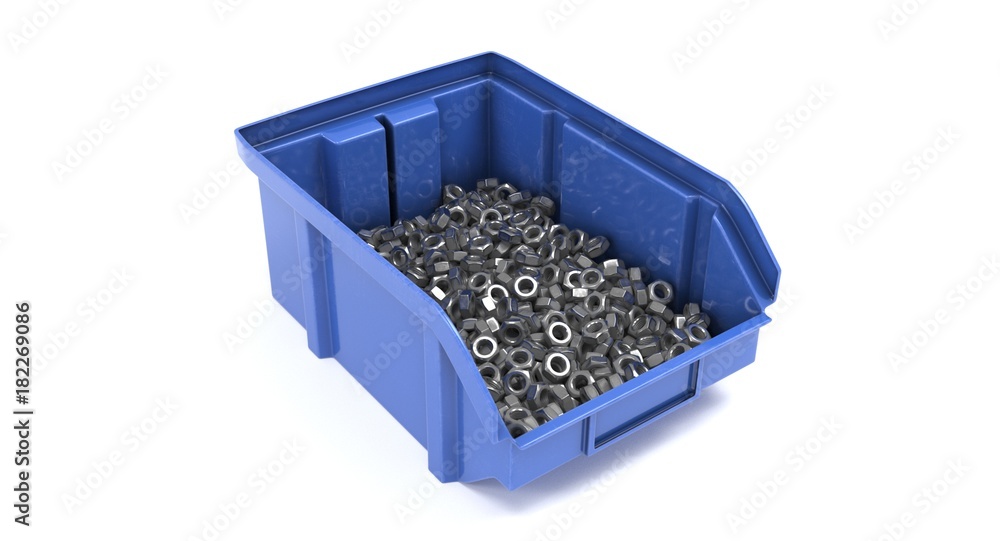 3D rendering - closeup blue plastic storage bin with nuts isolated on white background.
