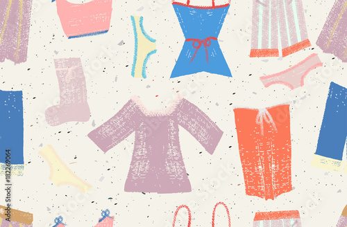 Colorful hanging clothes seamless pattern. Creative and modern graphic design. Vibrant colors. Hand drawn brushstrokes texture. Terrazzo background