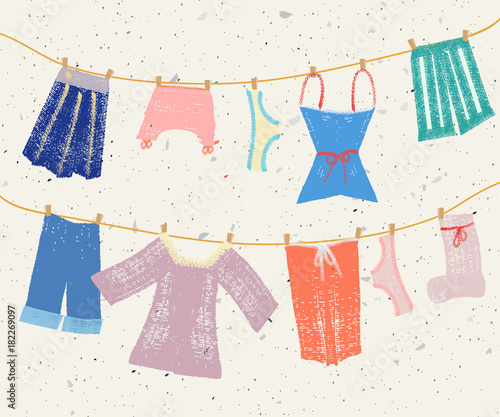 Hanging clothes background. Creative and modern graphic design. Vibrant colors. Hand drawn texture. Terrazzo background.