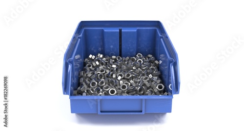 3D rendering - closeup blue plastic storage bin with nuts isolated on white background.