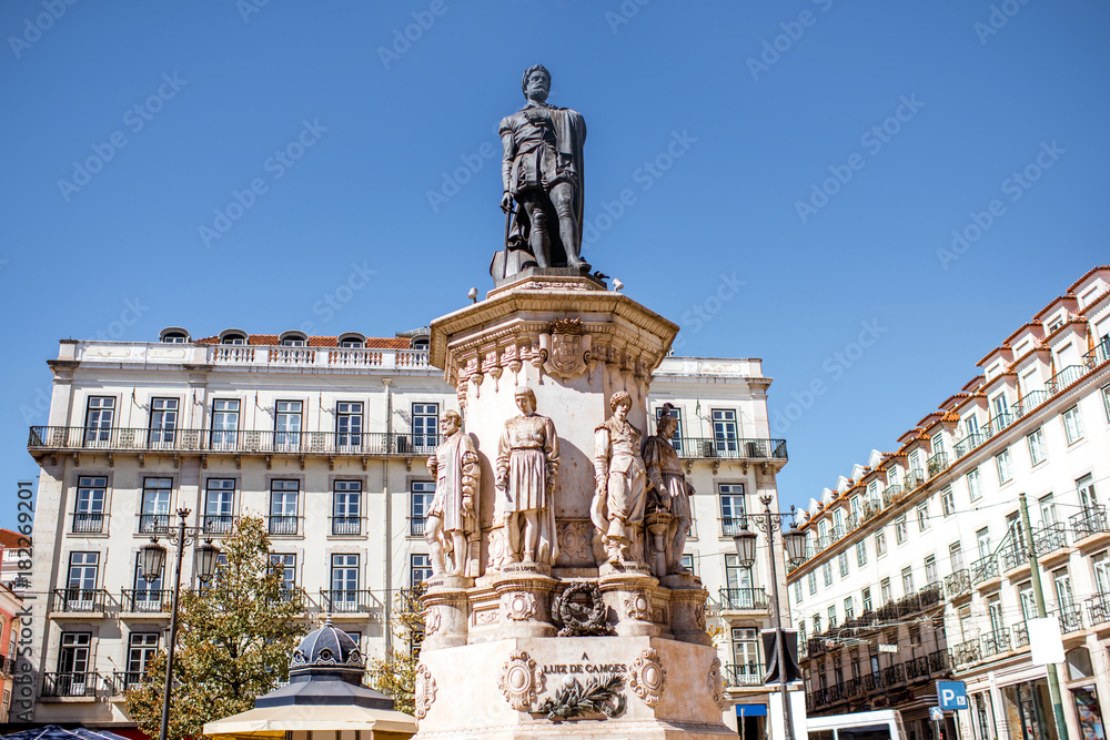 View on the statue of Luiz Camoes on the square in Lisbon city, Portugal