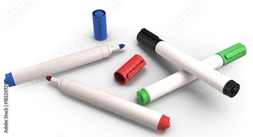 3D rendering - set of colorful whiteboard markers isolated on white background.