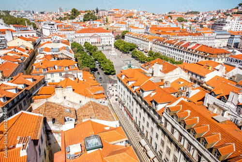 Cityscape view on the old town with Rossio square during the sunny day in Lisbon city, Portugal