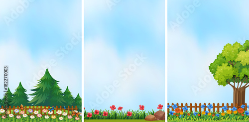 Three garden scenes with colorful flowers