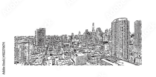 Hand drawn sketch of Chicago skyline, big city, architecture, engraving in vector illustration.