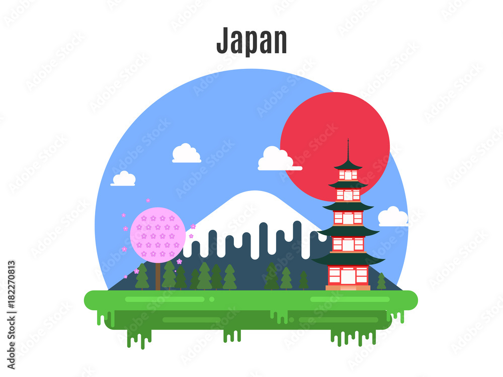 Time to travel. Japanese landscape in a flat design. Vector illustration Time to travel. Japanese landscape in a flat design. Vector illustration