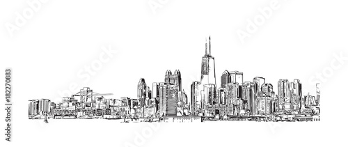 Hand drawn sketch of Chicago skyline, big city, architecture, engraving in vector illustration.