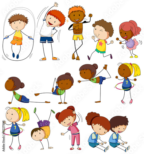 Children and people doing different exercises