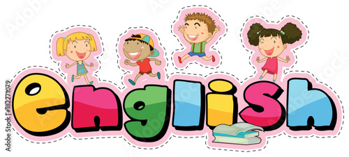 Sticker design for word english with happy kids photo