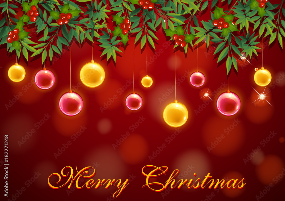 Christmas card template with red and yellow balls