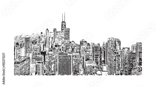 Hand drawn sketch of Chicago skyline, big city, architecture, engraving in vector illustration.