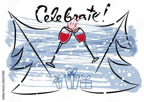 Celebrate. Merry Christmas card with brush calligraphy. New Year background with silhouette of wine glasses and hand draw lettering. Design element for seasonal posters. Blue vector design.