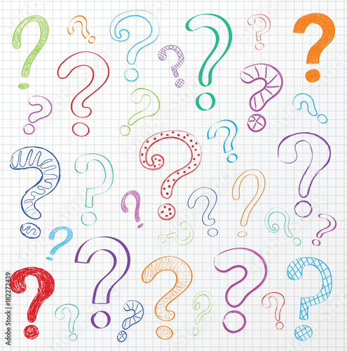 Collection of colourful hand drawn question marks on checked paper. Vector.