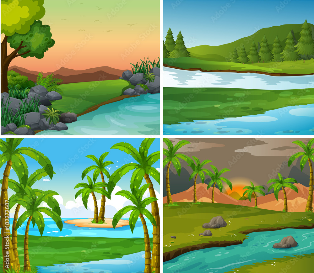 Four background scenes of rivers and field