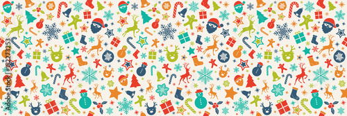 Panoramic Christmas pattern with colourful decoration. Vector.