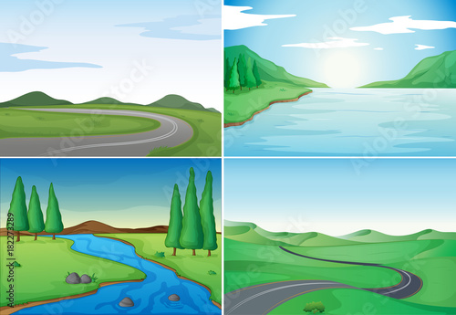 Four nature scenes with rivers and roads