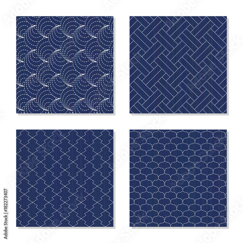 Sashiko. Seamless patterns. Set of abstract textures. Japanese motifs. Four simple backgrounds - shell, pine bark, fishing scales and weaving. Indigo lines and stitches. For pattern fills.