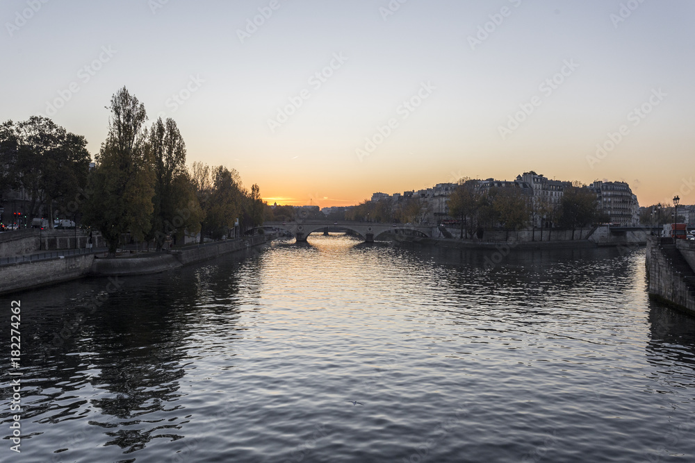 Sunrise view down the Seine river in Paris