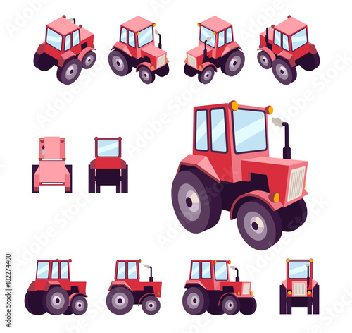 Red farm tractor, from different angles. Vehicle template vector isolated on white. View front, rear, side, top, isometric, back, 3D perspective, low poly flat style.