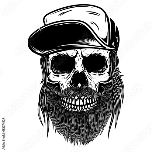 Bearded skull in baseball cap. Design element for t shirt, poster, emblem, sign. Vector illustration