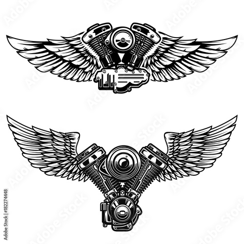 Set of winged motorcycle engine. Design elements for poster, emblem, sign, logo, label, emblem. Vector illustration