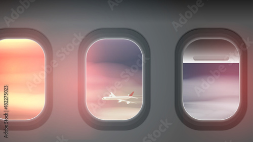 Looking out the Windows of a Plane, at Clouds and another Aeroplane - Vector Illustration