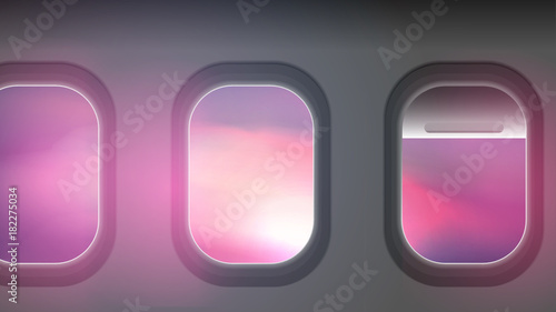 Looking out the Windows of a Plane , Sunset View - Vector Illustration