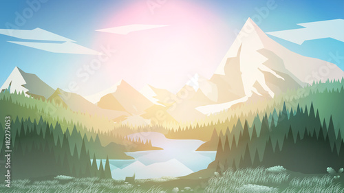 Pine Forest with Mountain Lake  - Vector Illustration