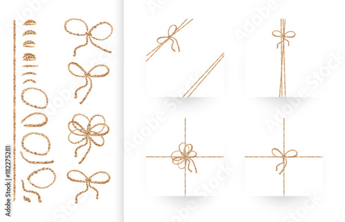 Set of ribbons, bows and ornaments made of natural linen rope and twines. Realistic illustration in vector. Collection of individual elements to create your own composition. EPS10 photo