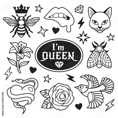 Fashion patches collection. Vector illustration of nature badges and symbols, such as bee, heart with snake, Blue Jay, cat face, lips, moth and lily. Isolated on background.