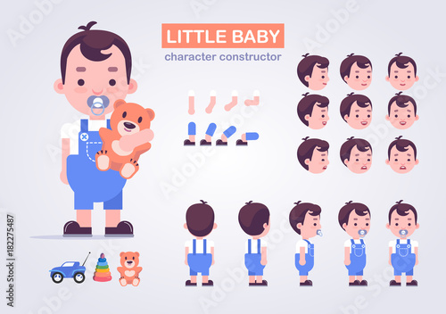 Happy little kid character with various views, face emotions, poses . Baby with toys: teddy bear, car, pyramid.  Front, side, back view animated character.