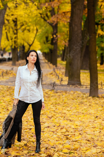 portrait of a beautiful young girl walking along the autumn park in fashionable clothes © markhipov