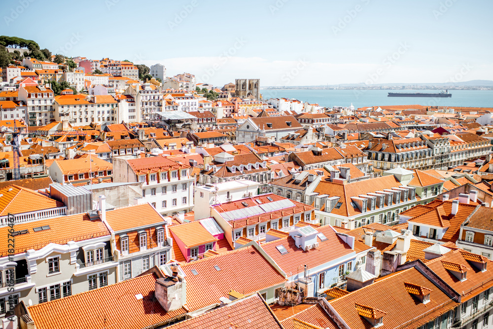Cityscape view on the old town during the sunny day in Lisbon city, Portugal
