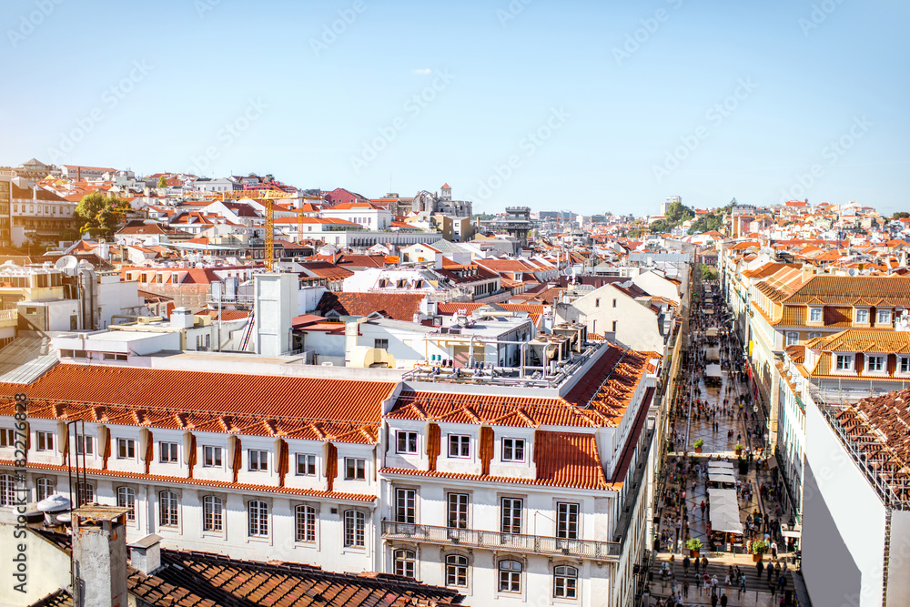 Cityscape view on the old town with central Augusta avenue during the sunny day in Lisbon city, Portugal