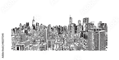 Hand drawn sketch of Chicago skyline, big city, architecture, engraving in vector illustration.