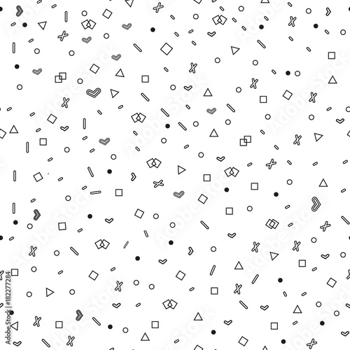 Seamless primitive jumble minimalism patterns. Randomly scattered geometric shapes. Abstract retro background design