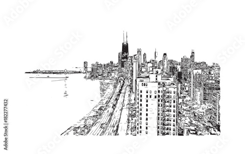 Hand drawn sketch of Chicago skyline, big city, architecture, engraving in vector illustration.