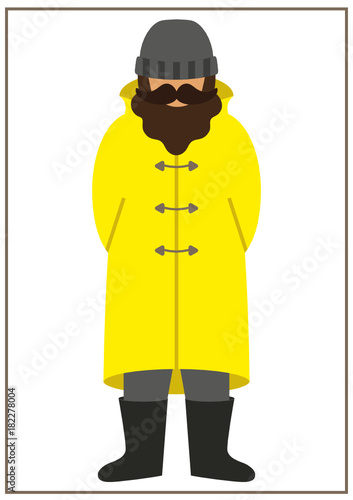 fisherman/sailorman flat icon - a man with a mustache a beard wearing an  in a trench coat raincoat boots and knit hat. Template for card, poster, banner, web-design