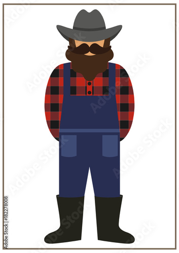 farmer/worker flat icon - a man with a mustache a beard wearing an  in a plaid shirt, denim/ jeans overalls (jumpsuit),boots and hat. Template for card, poster, banner, web-design