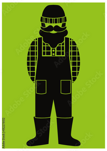 farmer/worker flat icon - a man with a mustache a beard wearing an  in a plaid shirt,overalls (jumpsuit),boots and knit hat. Template for card, poster, banner, web-design