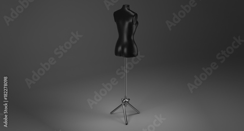 3D rendering - female black mannequin on metal stand for dressmaker isolated on black background.