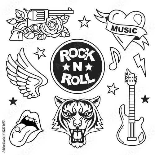 Rock and roll icons collection. Vector illustration of rock music badges and symbols  such as gun and rose  heart with the ribbon  tiger face  guitar  open mouth and wings. Isolated on white.