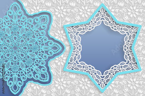 Template of wedding greetings or invitations. 3D mandala, star shaped frame with lace edges. Floral background on a surface. Place for the inscription in the frame. Vector.