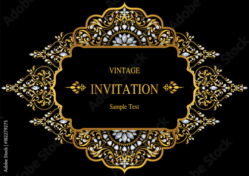 Wedding Invitation card templates with gold patterned and crystals on background color. 