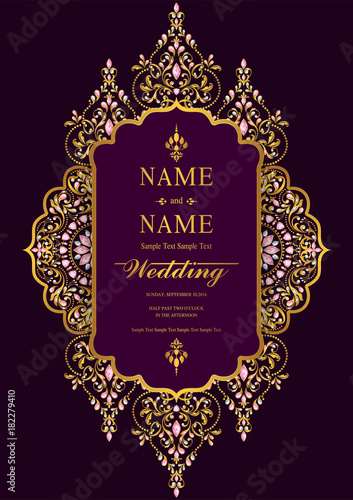 Wedding Invitation card templates with gold patterned and crystals on background color. 